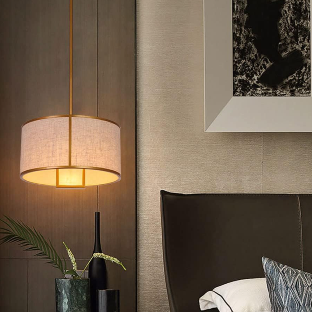 Modern fabric drum pendant ceiling light in a living room
