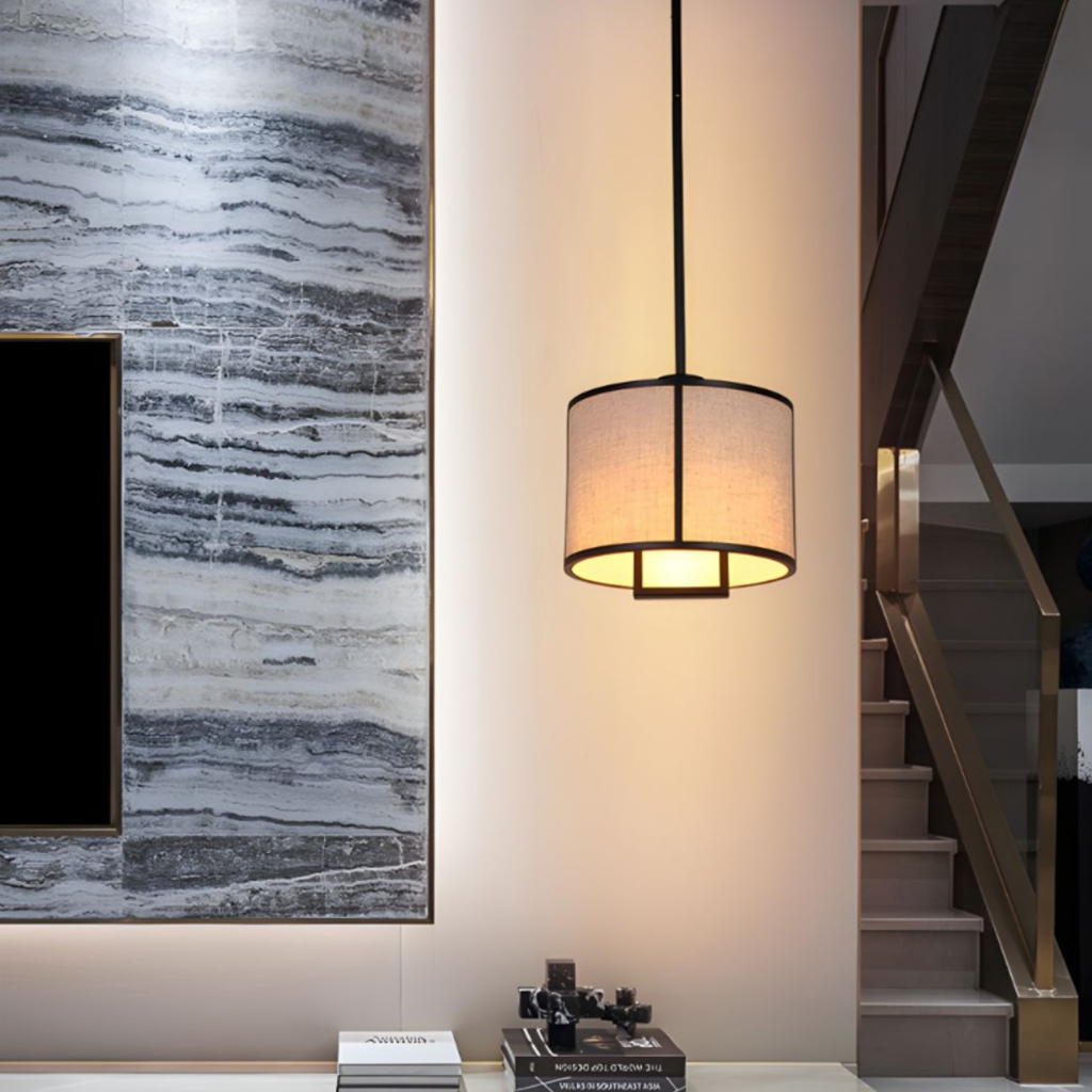 Modern fabric drum pendant ceiling light in a restaurant