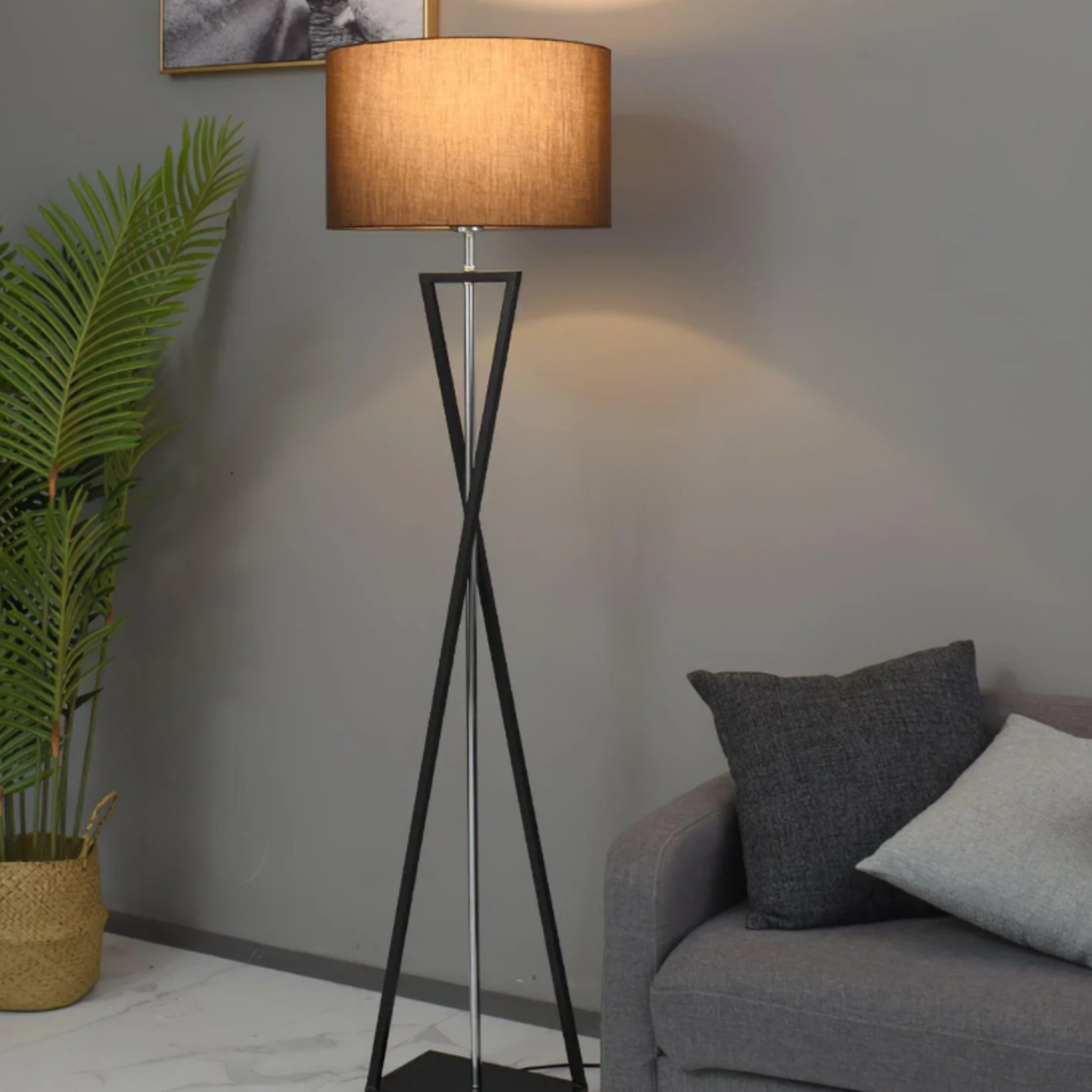Modern fabric floor lamp in a reading corner