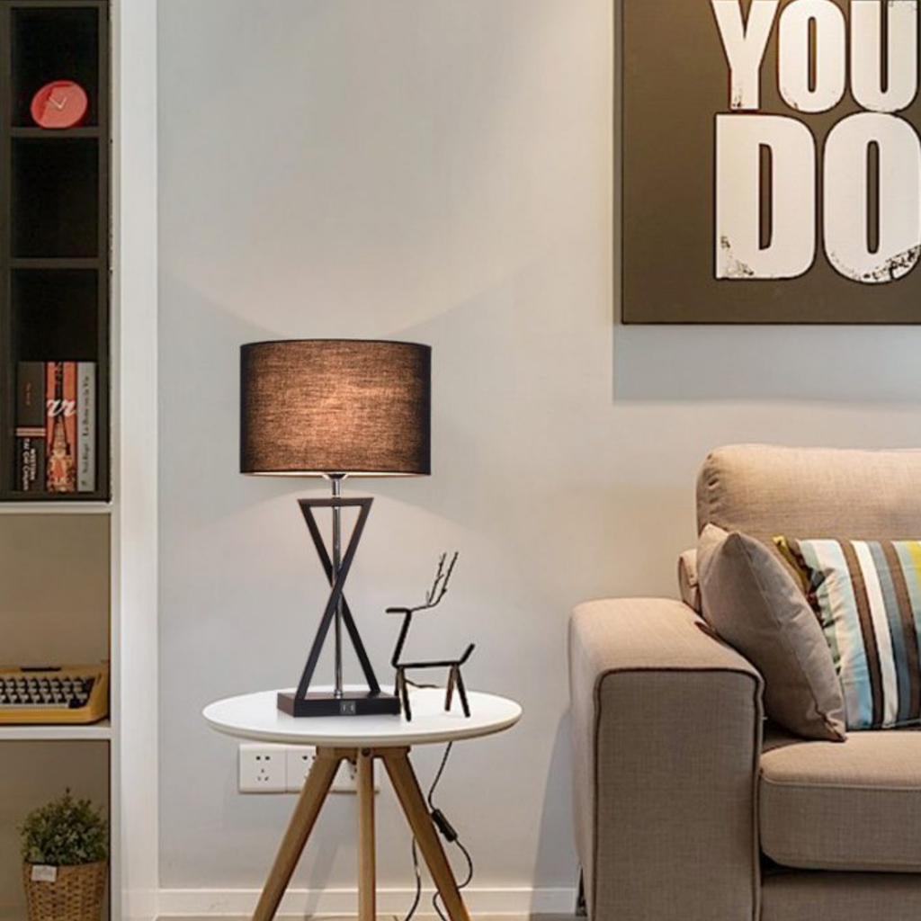 Modern fabric table lamp in a reading corner