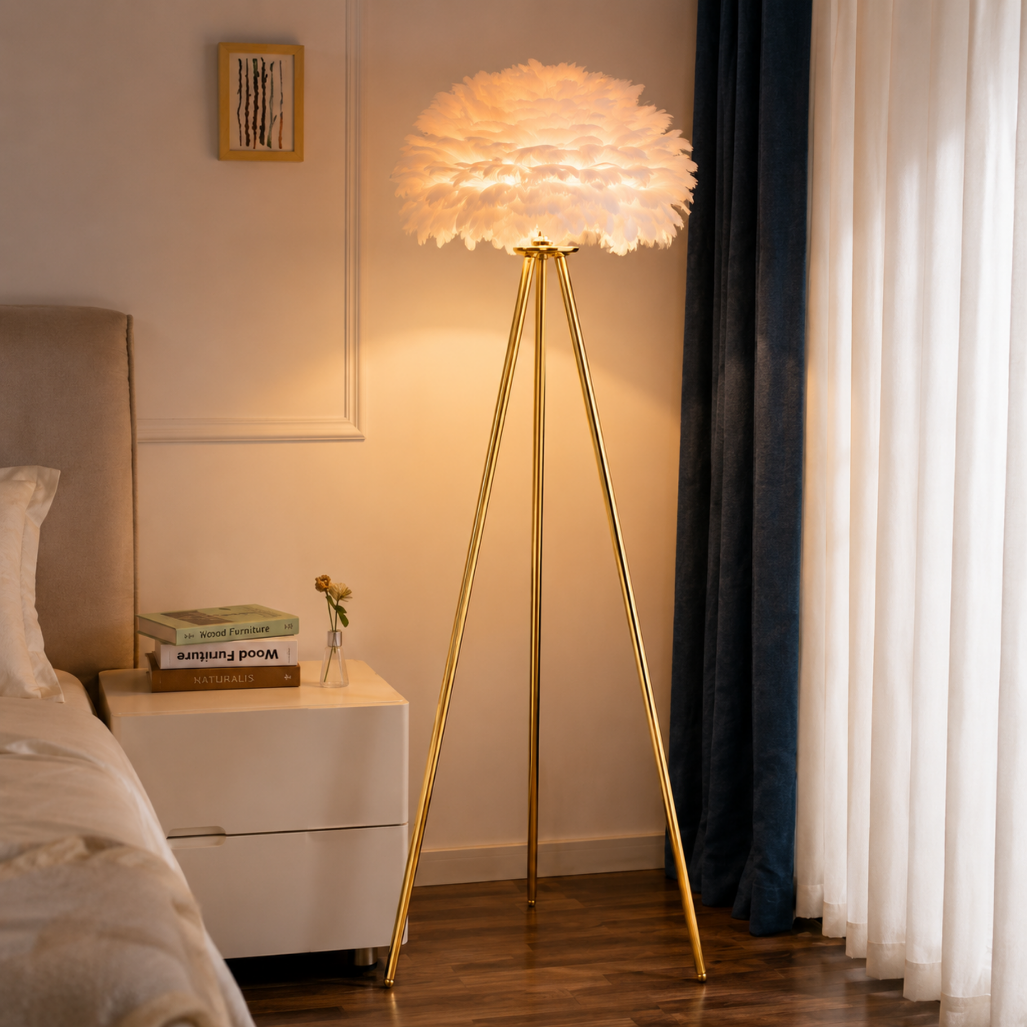 Modern feather globe floor lamp in a bedroom