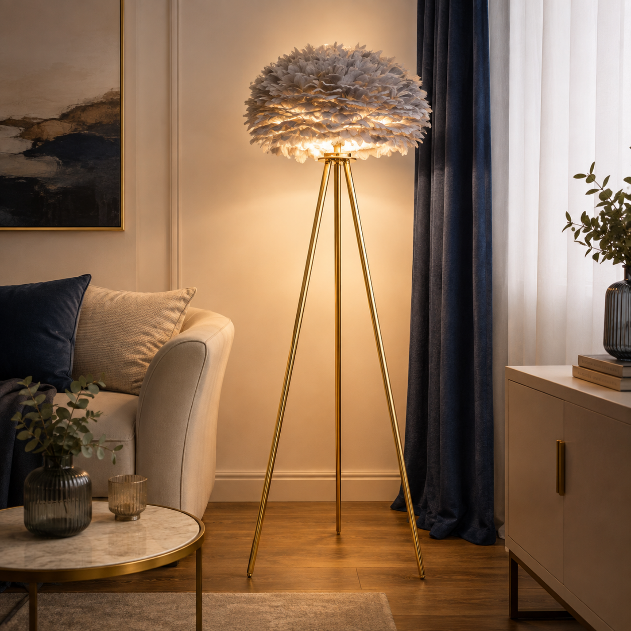 Modern feather globe floor lamp in a living room