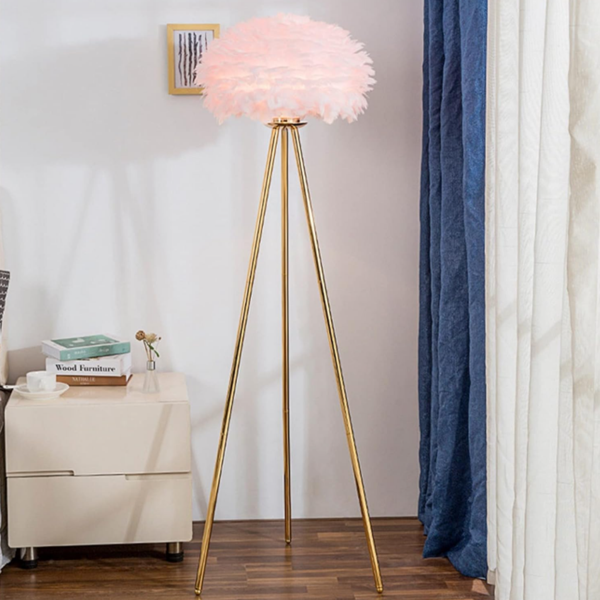 Modern feather globe floor lamp in a reading corner