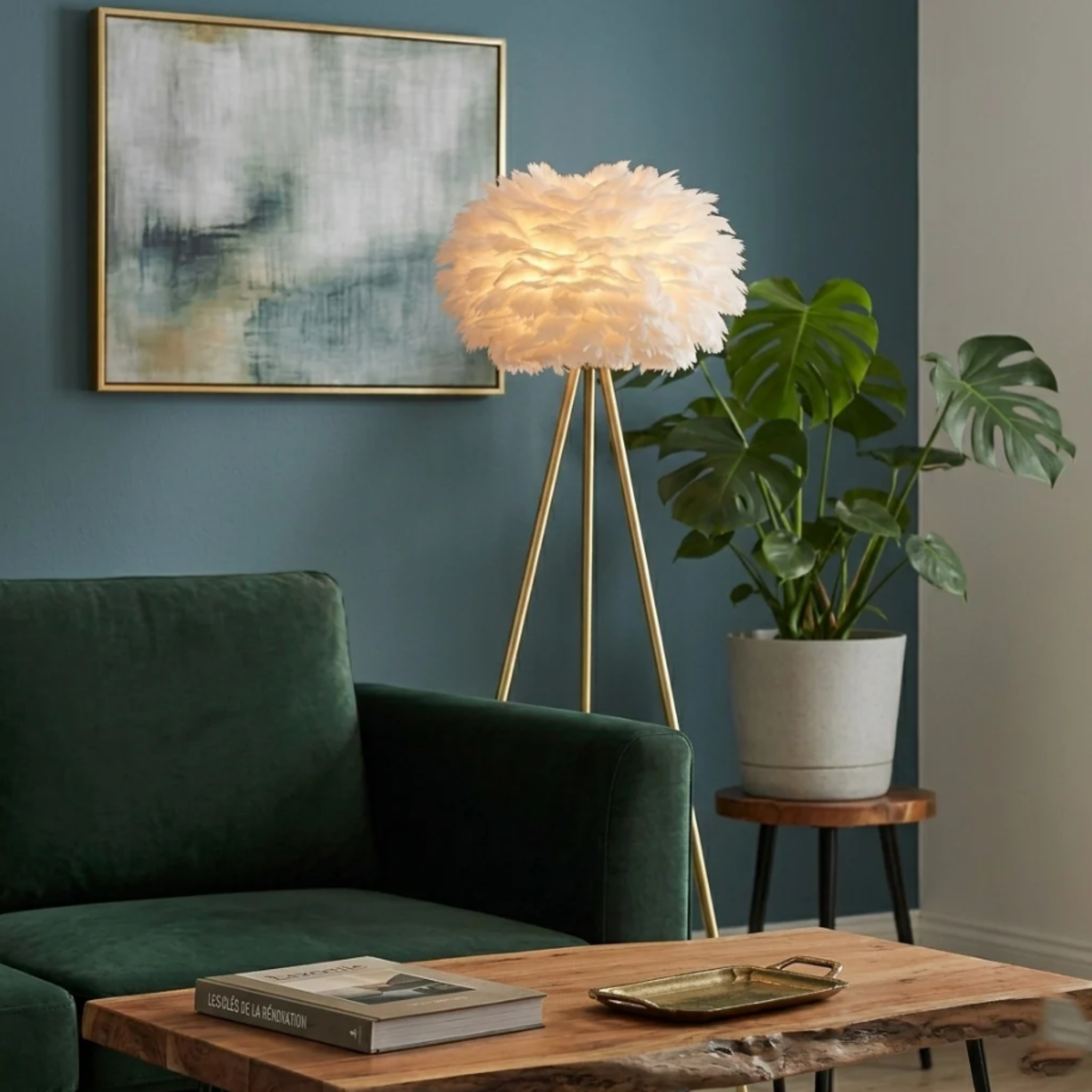 Modern feather globe floor lamp in a Scandinavian interior