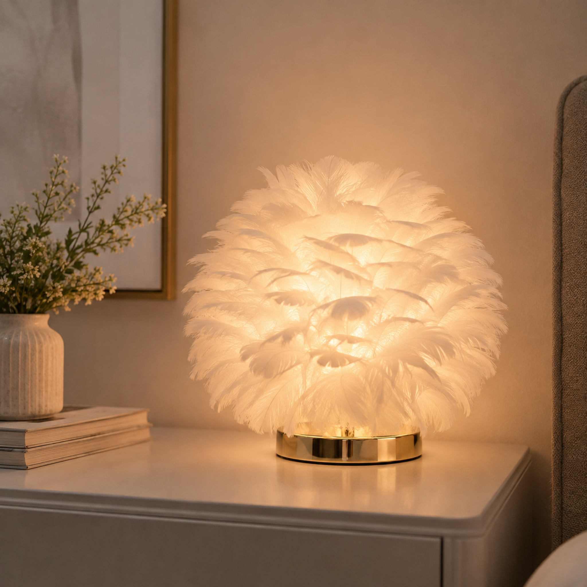 Modern feather globe table lamp in white