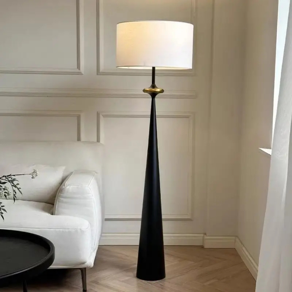 Modern fabric floor lamp in a bedroom interior