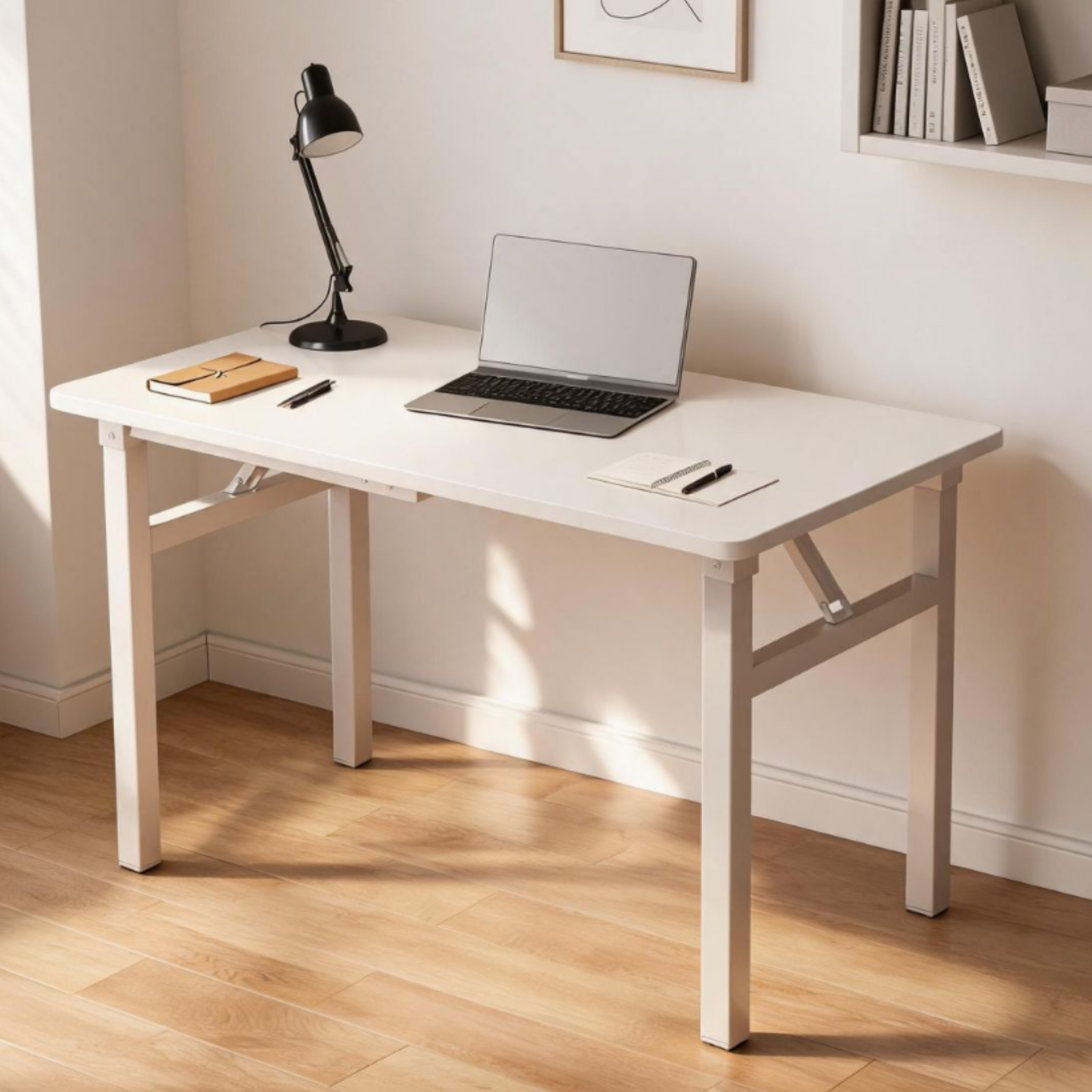 Modern white foldable computer desk with steel frame