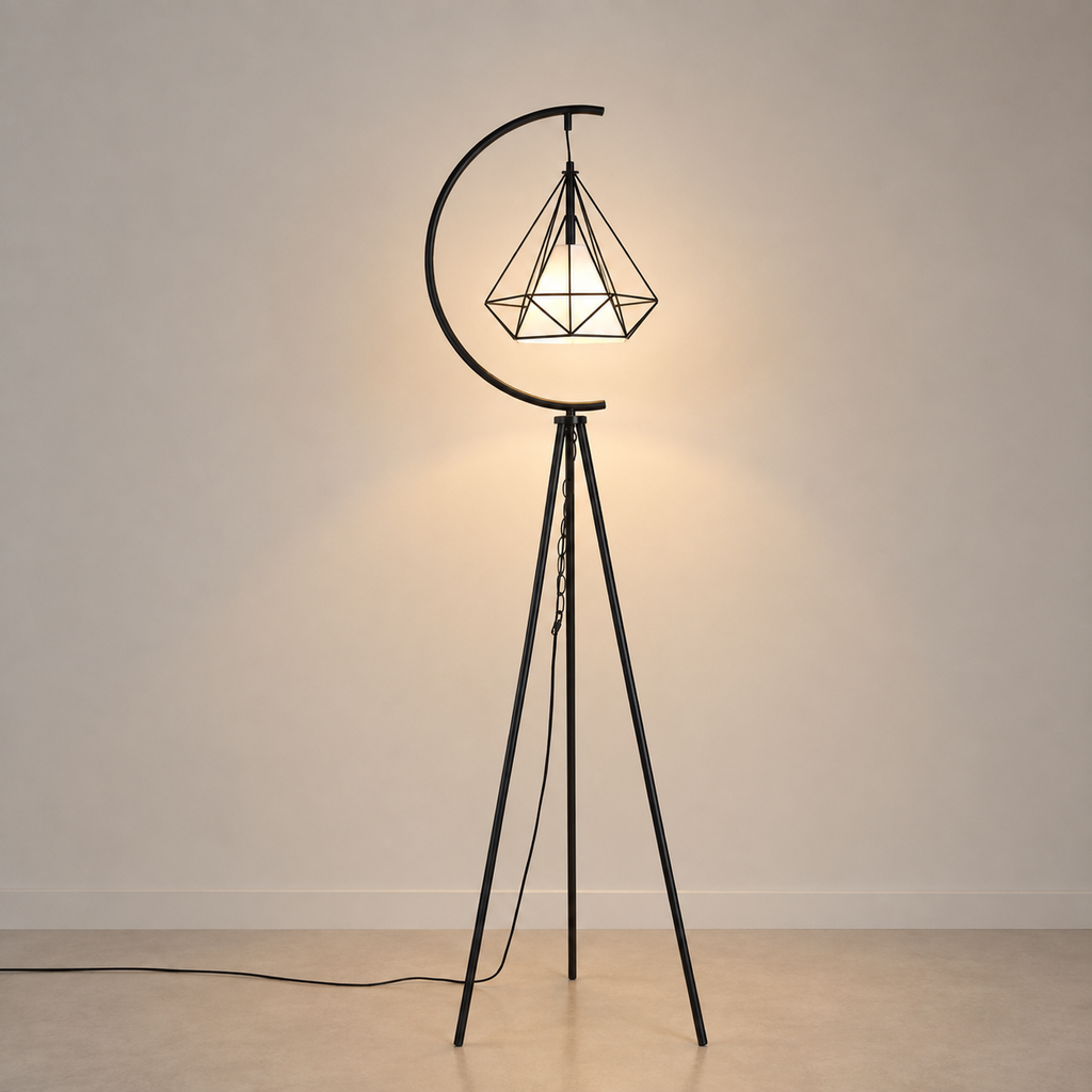 Modern geometric diamond cage floor lamp in black