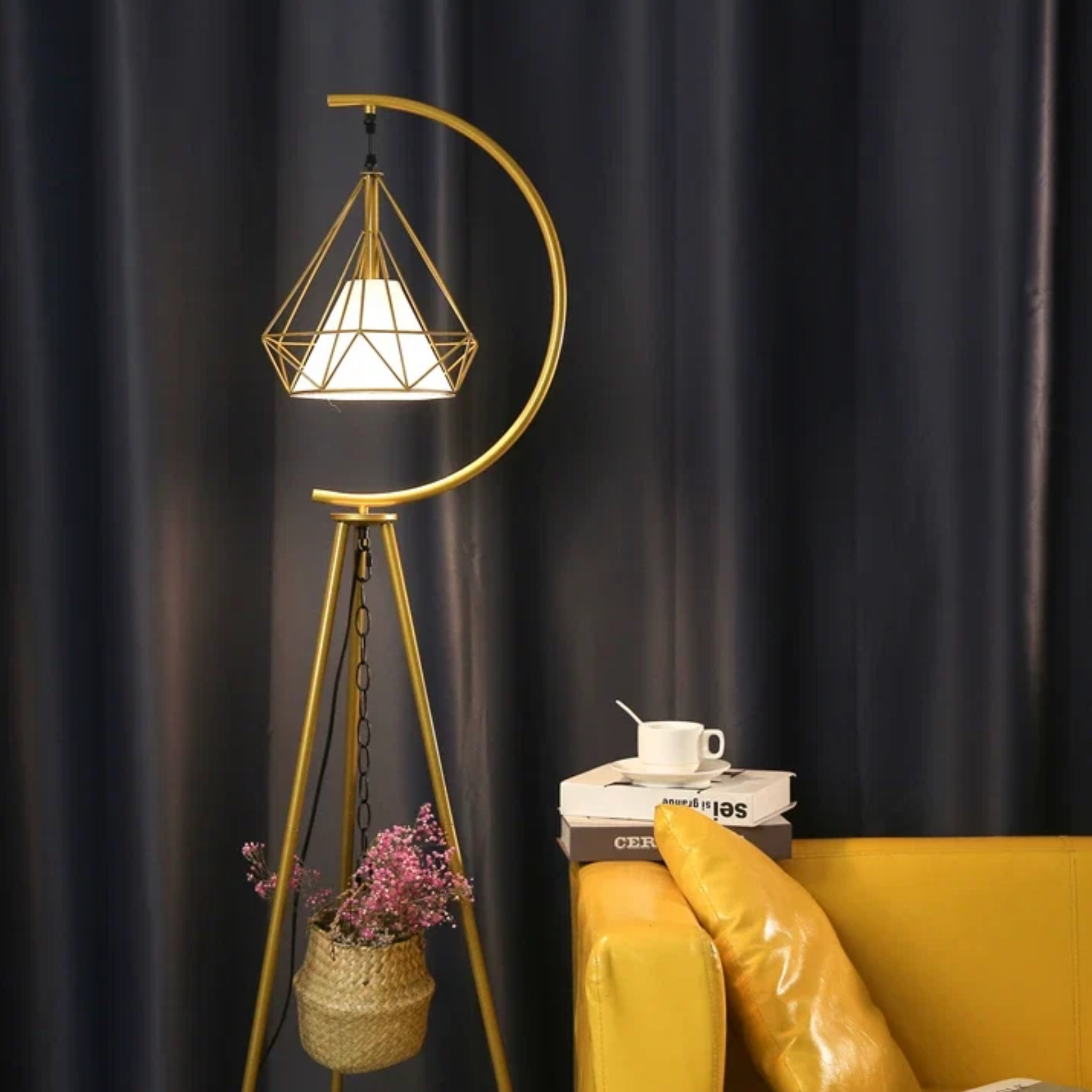 Front view of the modern geometric diamond cage floor lamp