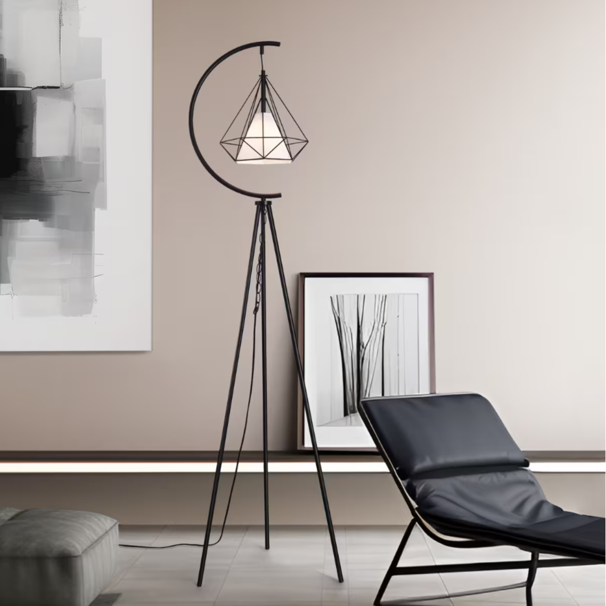 Modern geometric diamond cage floor lamp in a home office