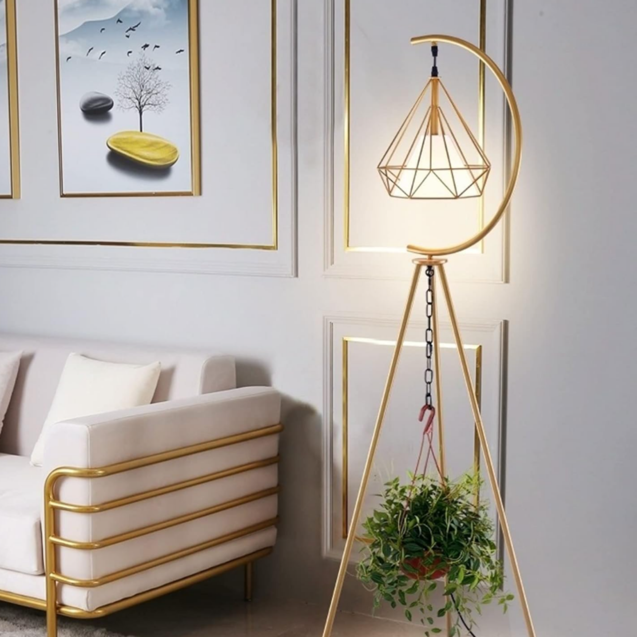 Modern geometric diamond cage floor lamp in a living room