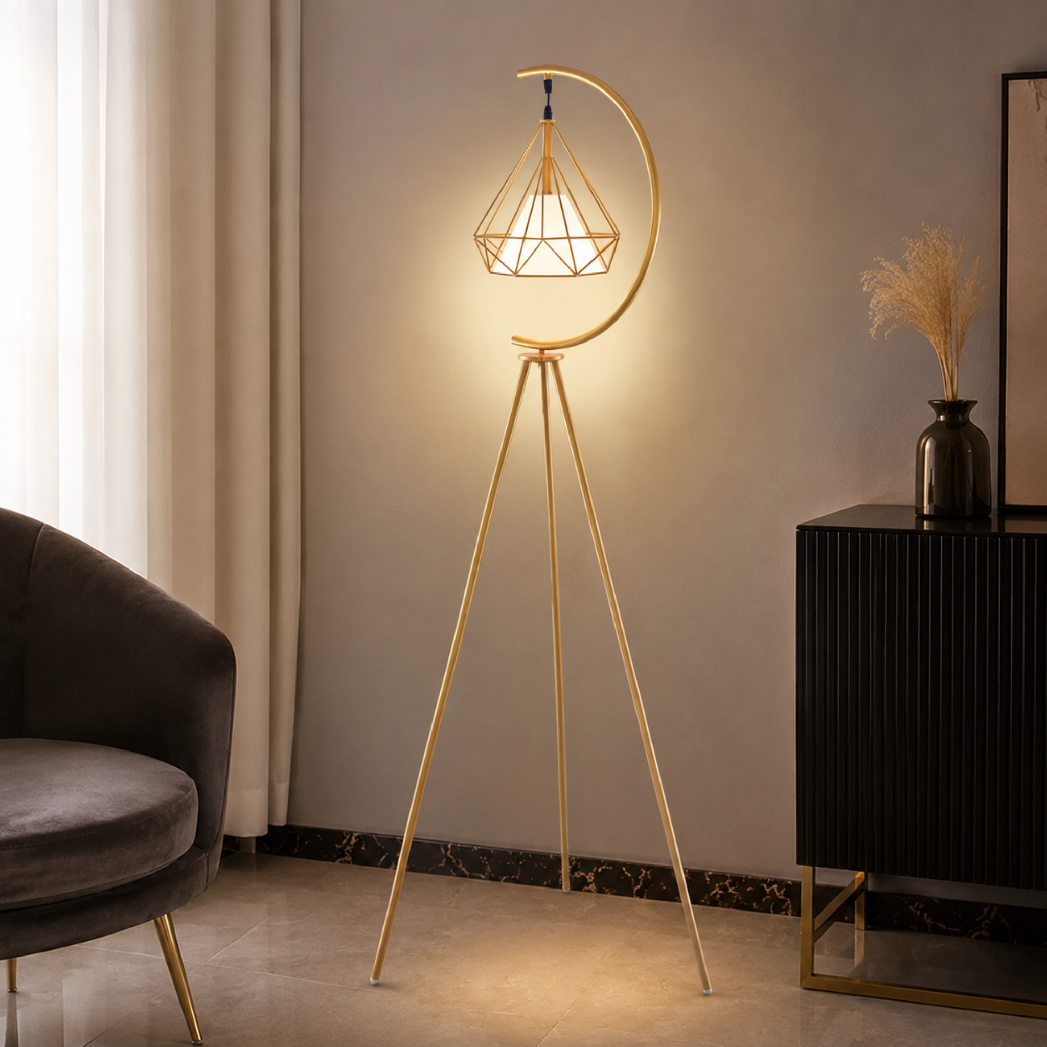 Modern geometric diamond cage floor lamp in a contemporary interior