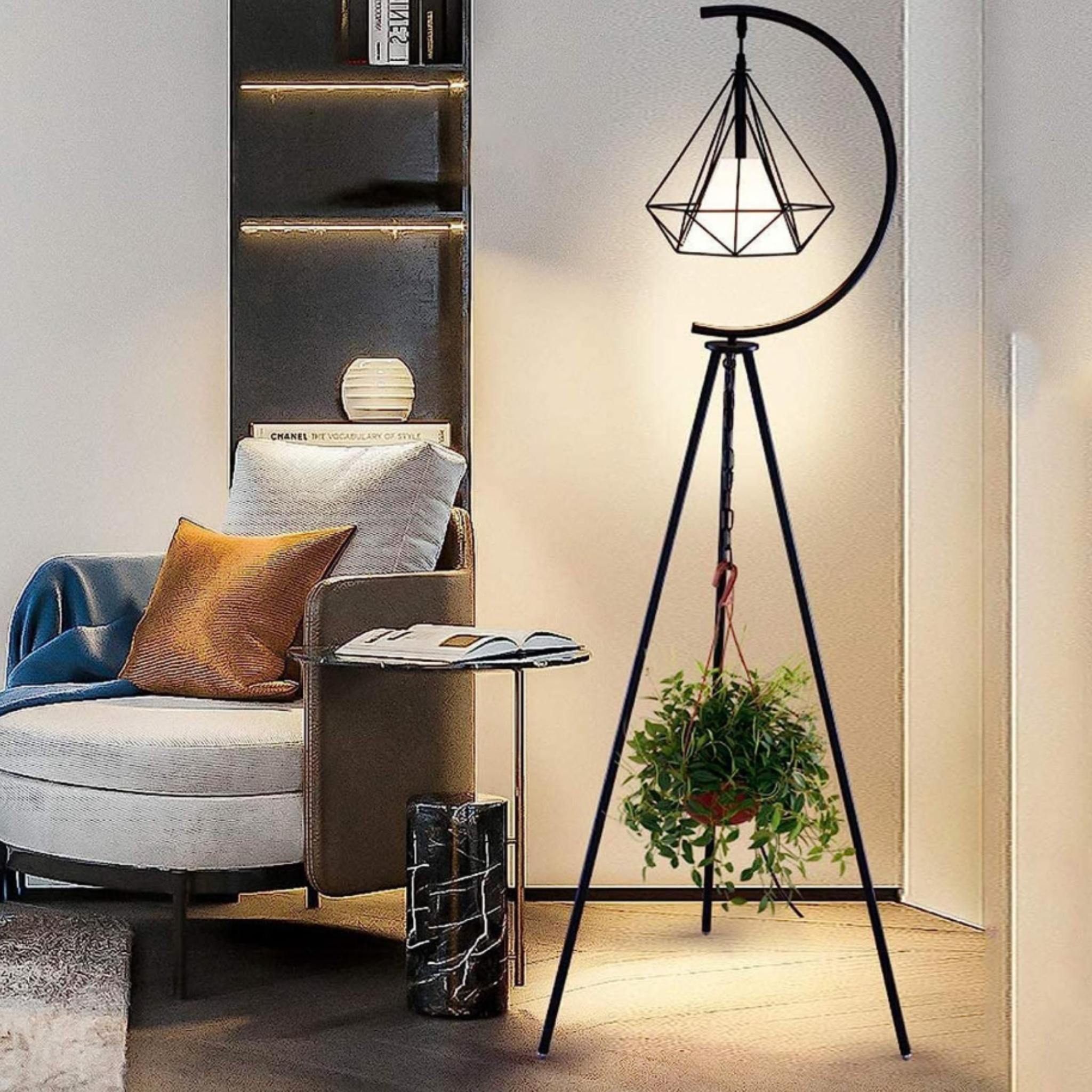 Modern geometric diamond cage floor lamp in a reading corner