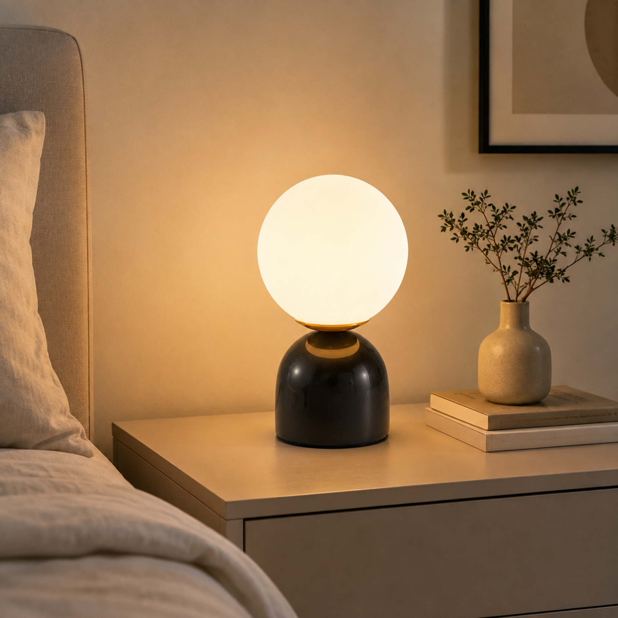 Modern glass ball table lamp on a bedroom nightstand