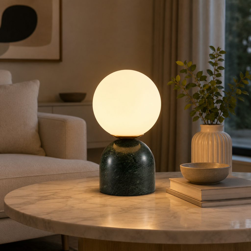 Modern glass ball table lamp in a contemporary interior