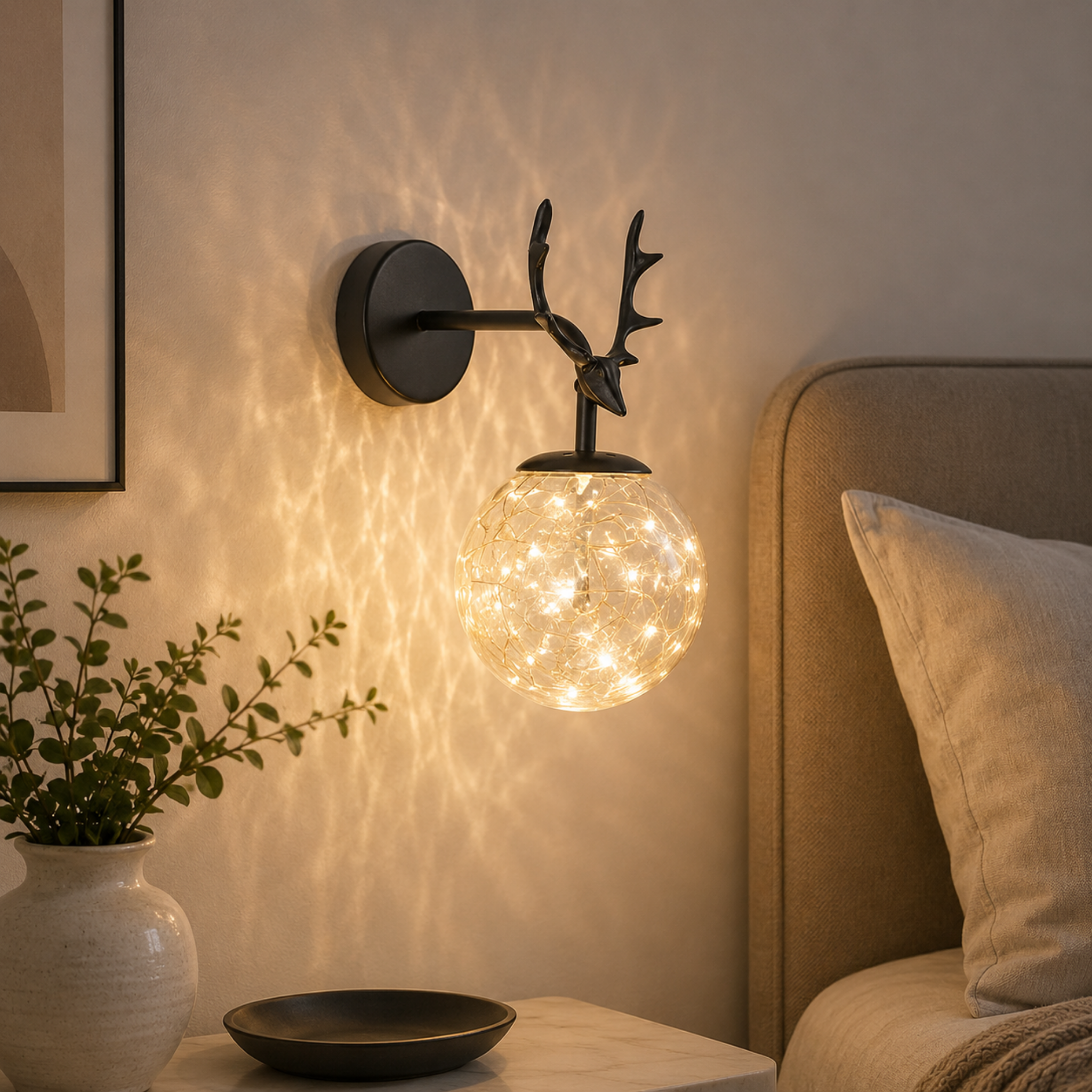 Modern glass globe wall light beside a bed