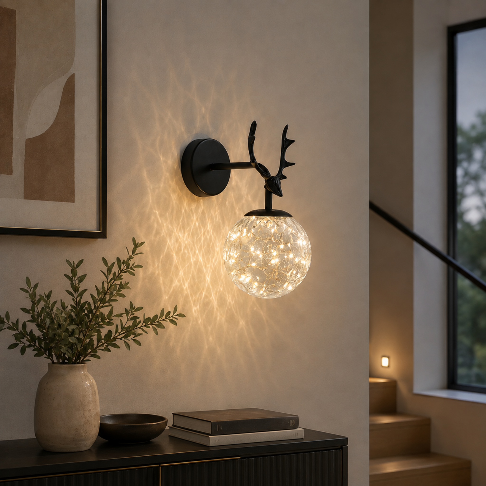 Modern glass globe wall light beside a staircase