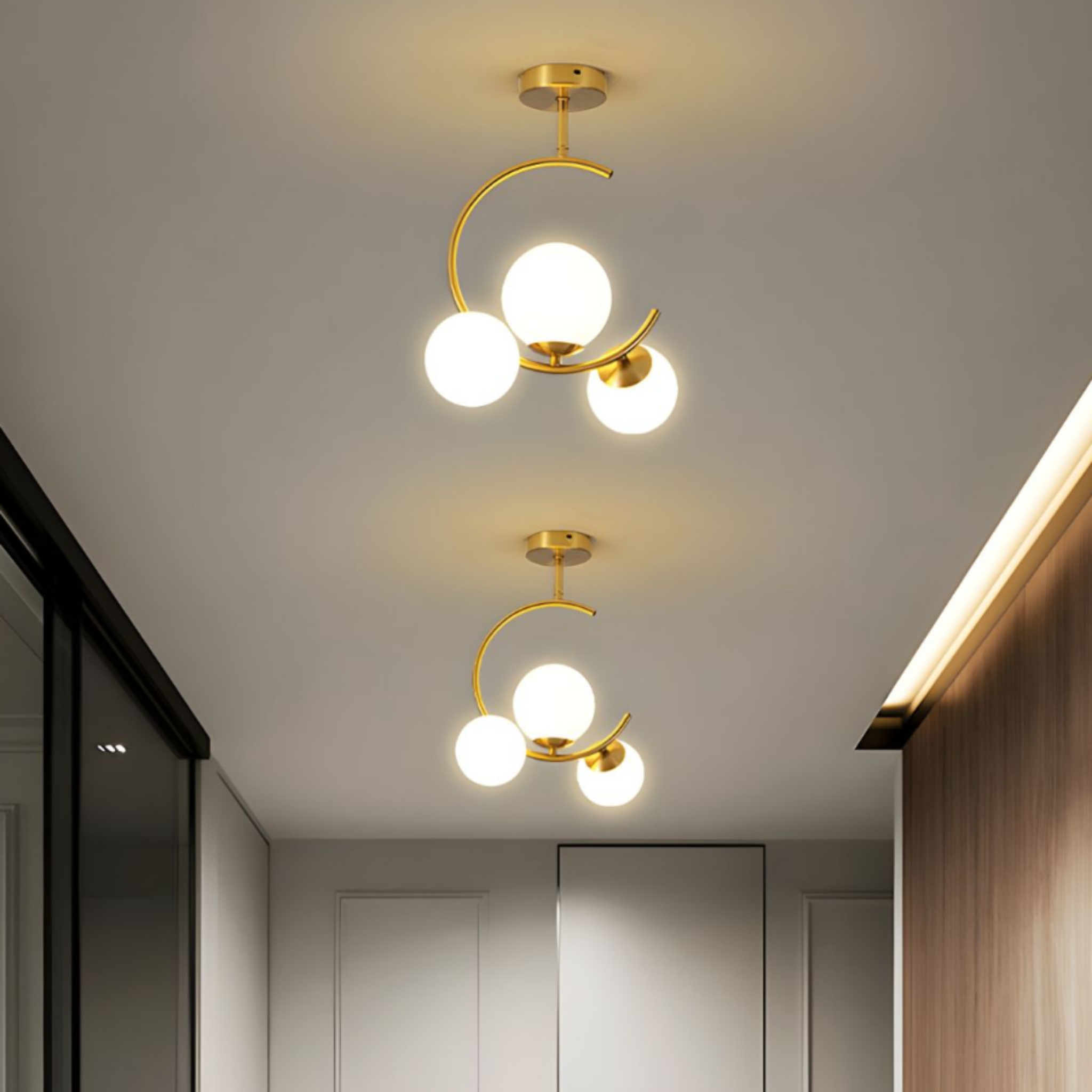 Modern gold glass globe 3 head chandelier in a living room