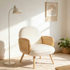 Modern Japanese upholstered accent chair with rattan frame