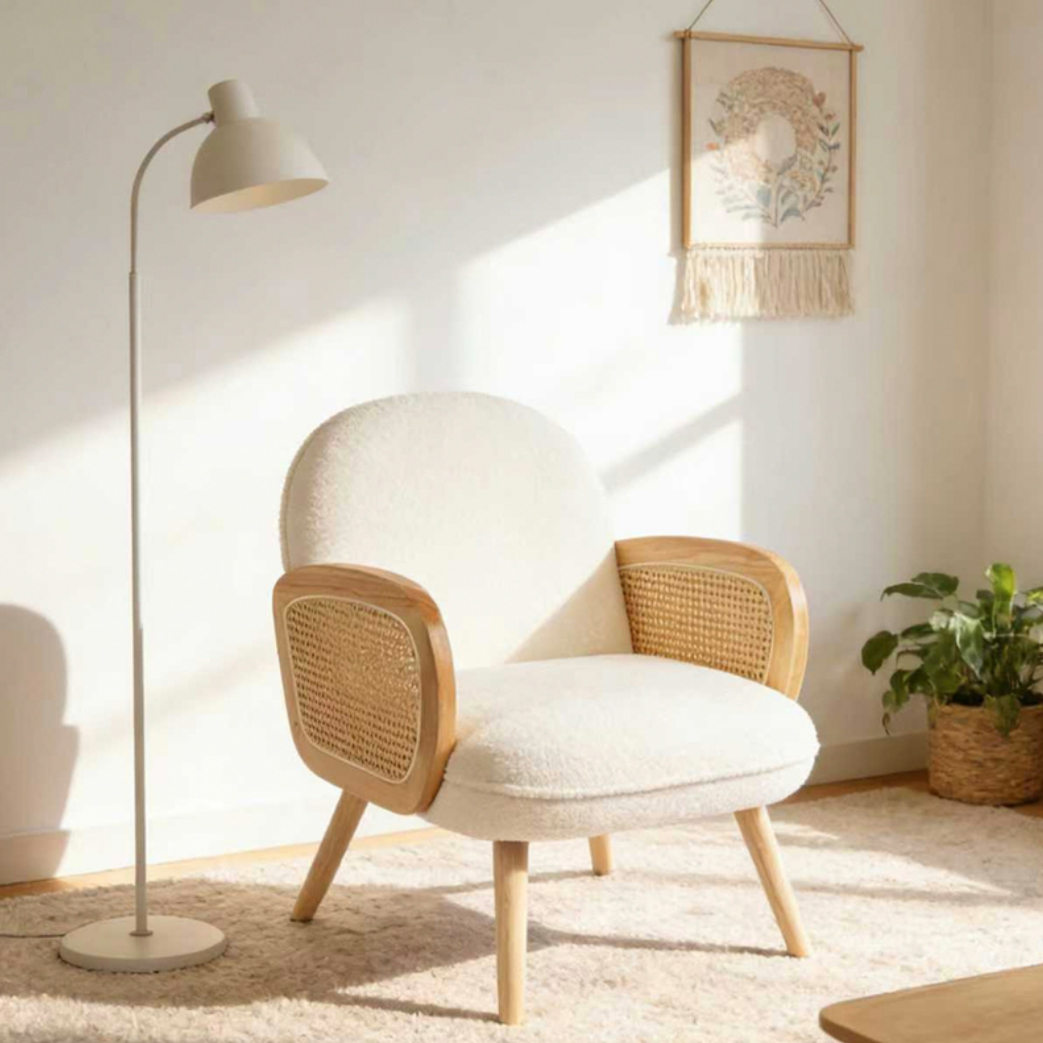 Modern Japanese upholstered accent chair with rattan frame