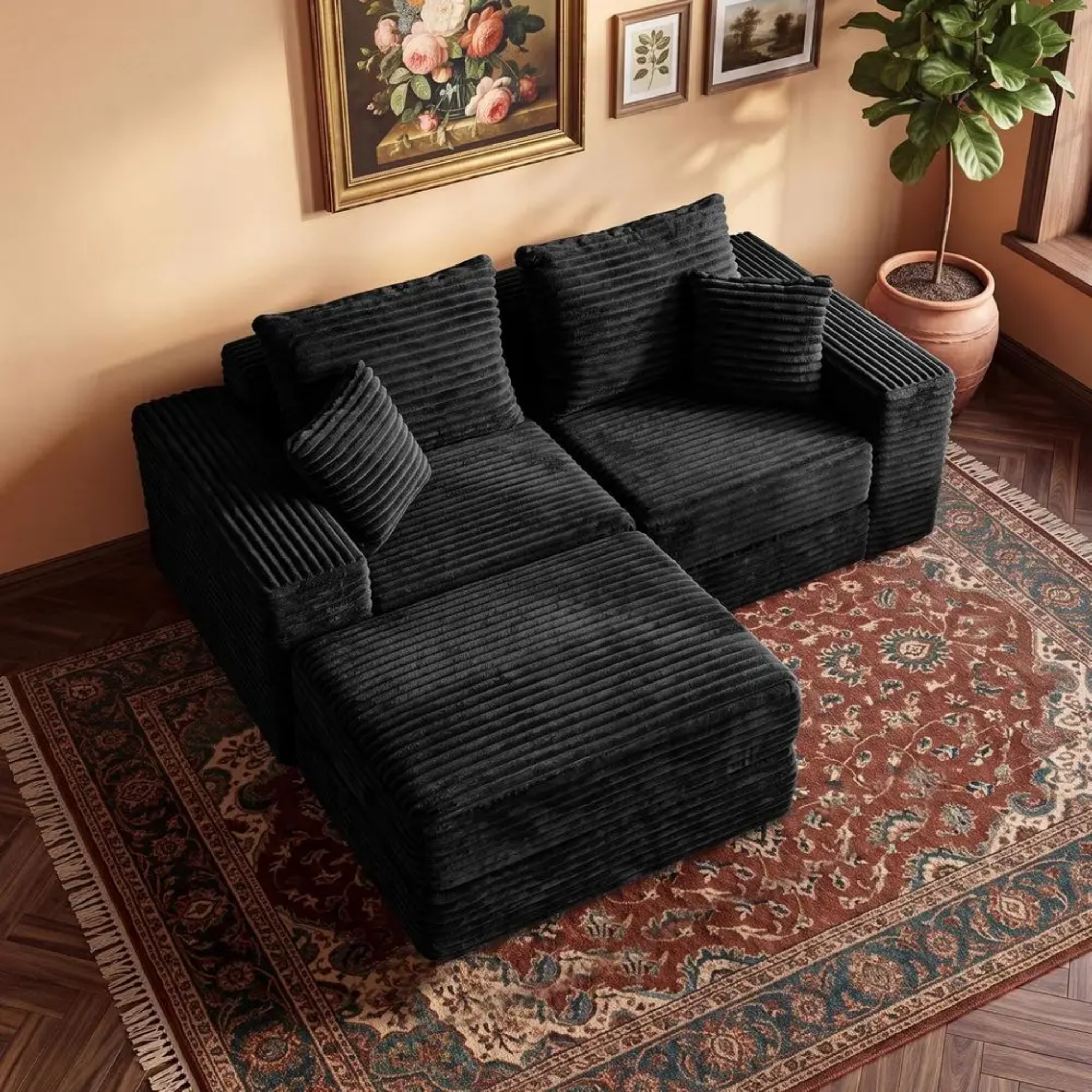 Angled view of the modern L-shaped sectional sofa