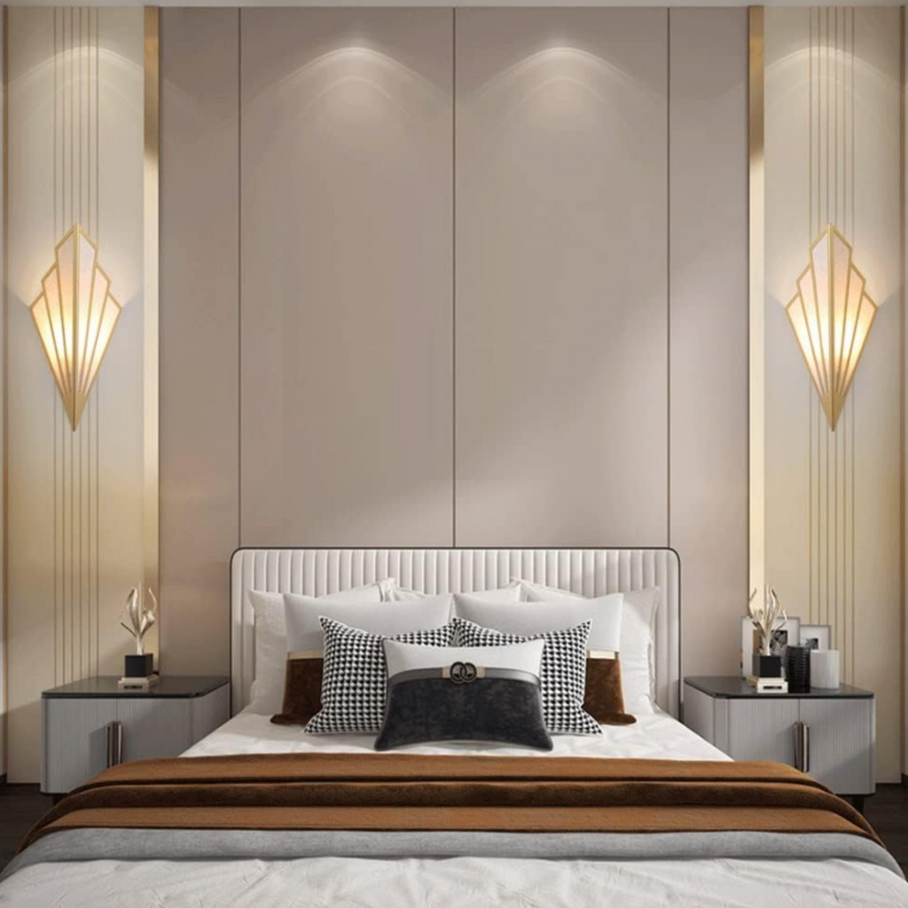 Modern linen wall sconce in a bedroom
