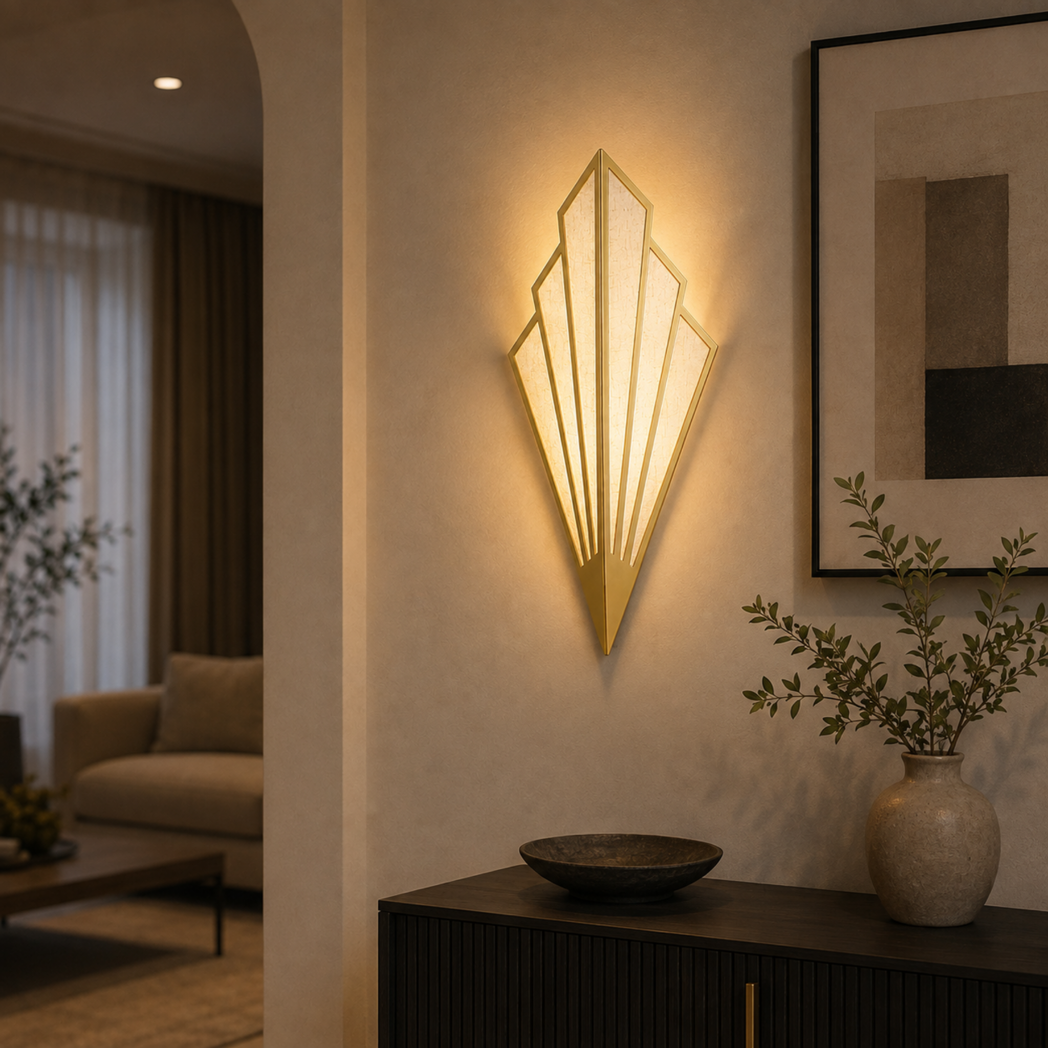 Modern linen wall light in a hallway