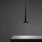 Modern minimalist black aluminum stick LED pendant ceiling light above a kitchen island