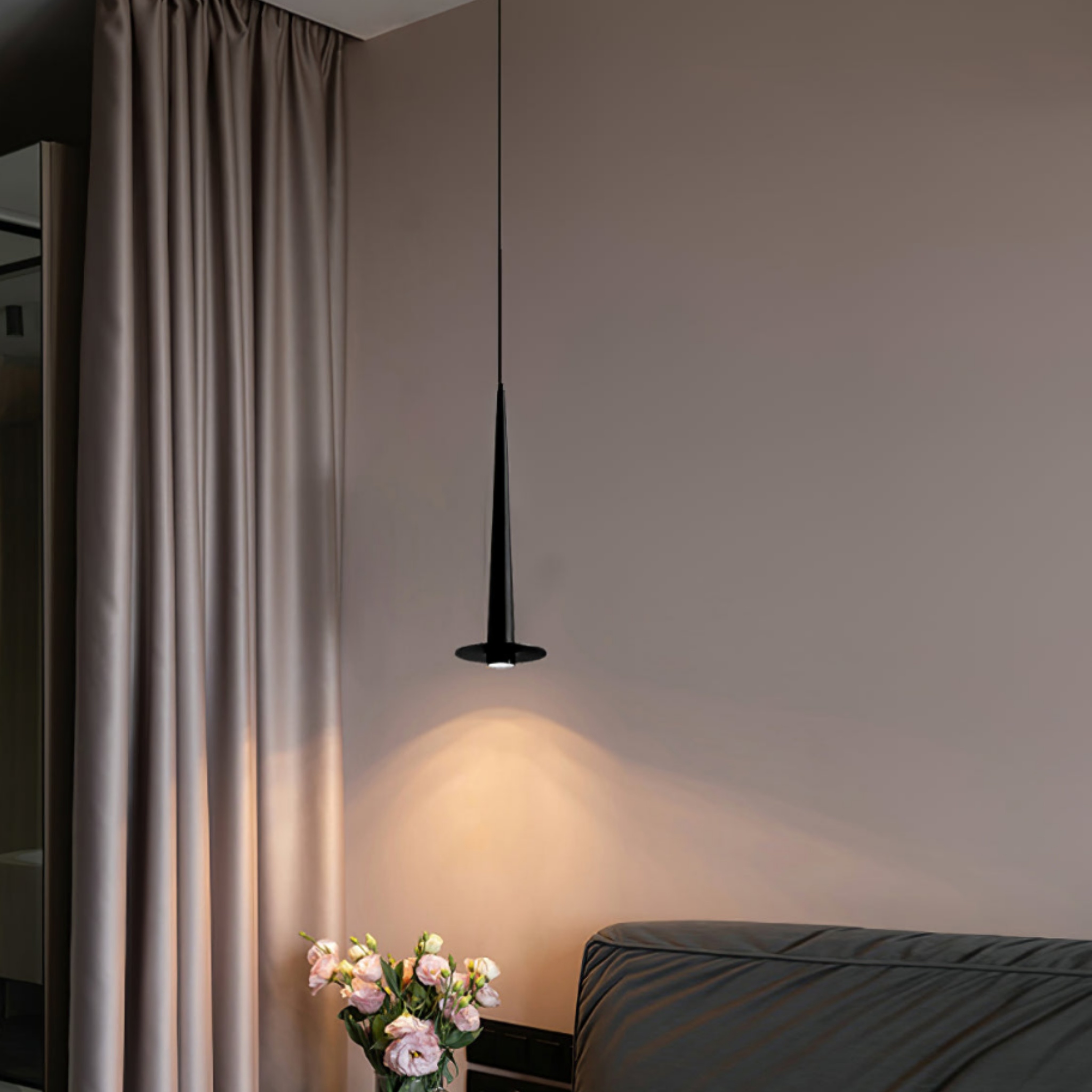 Modern minimalist black aluminum stick LED pendant ceiling light in an office
