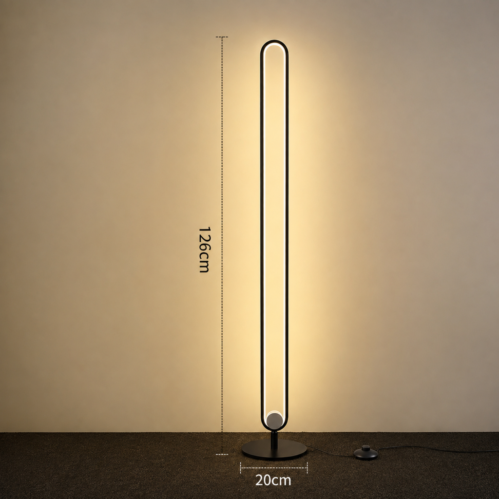 Modern minimalist LED floor lamp with aluminum and iron frame in warm light
