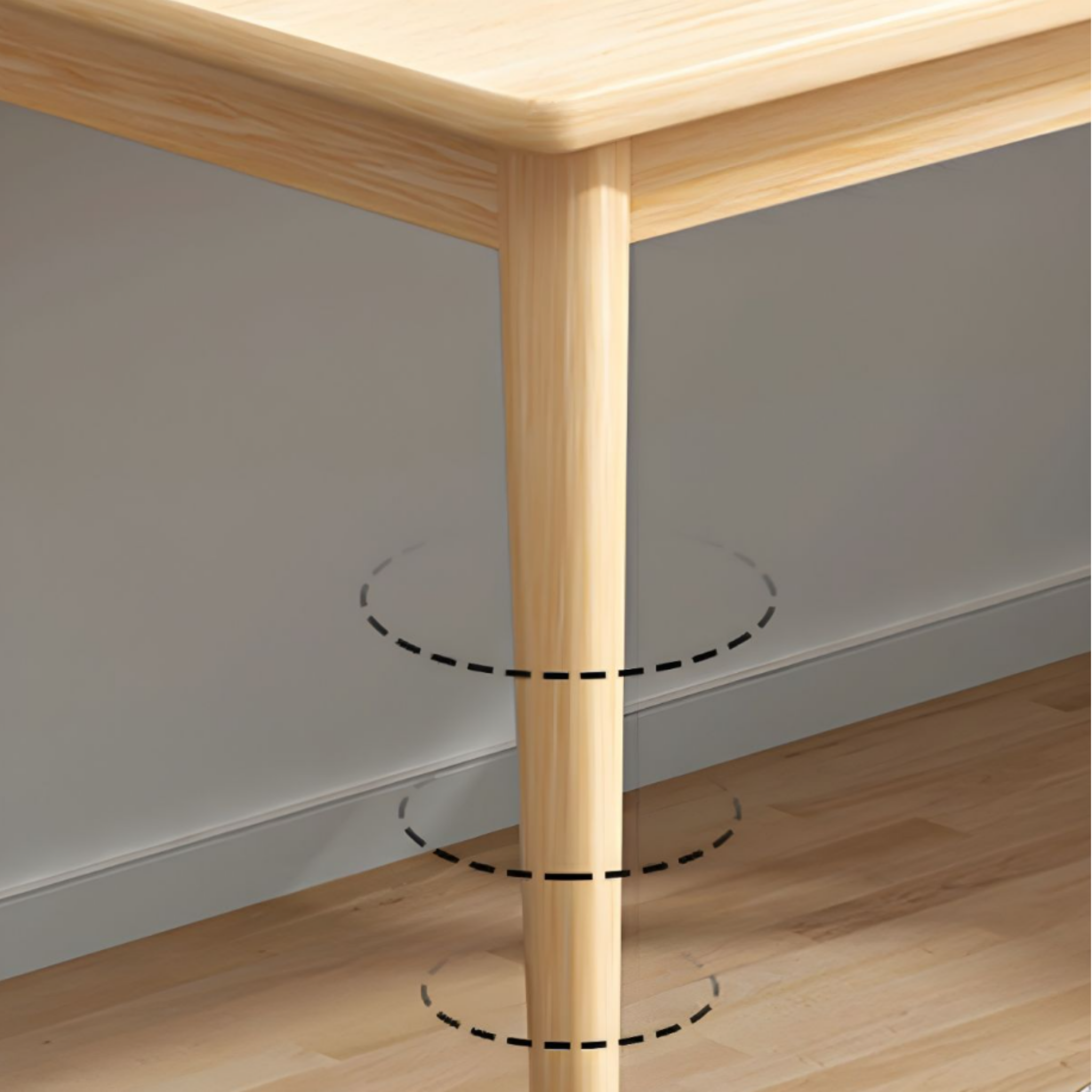 Close-up of the solid wood desk legs