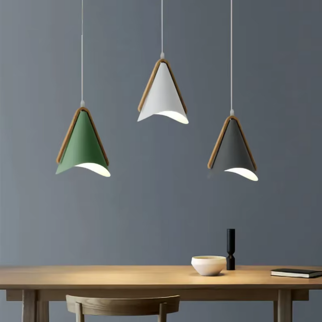 Modern Nordic cone LED pendant light above a kitchen island