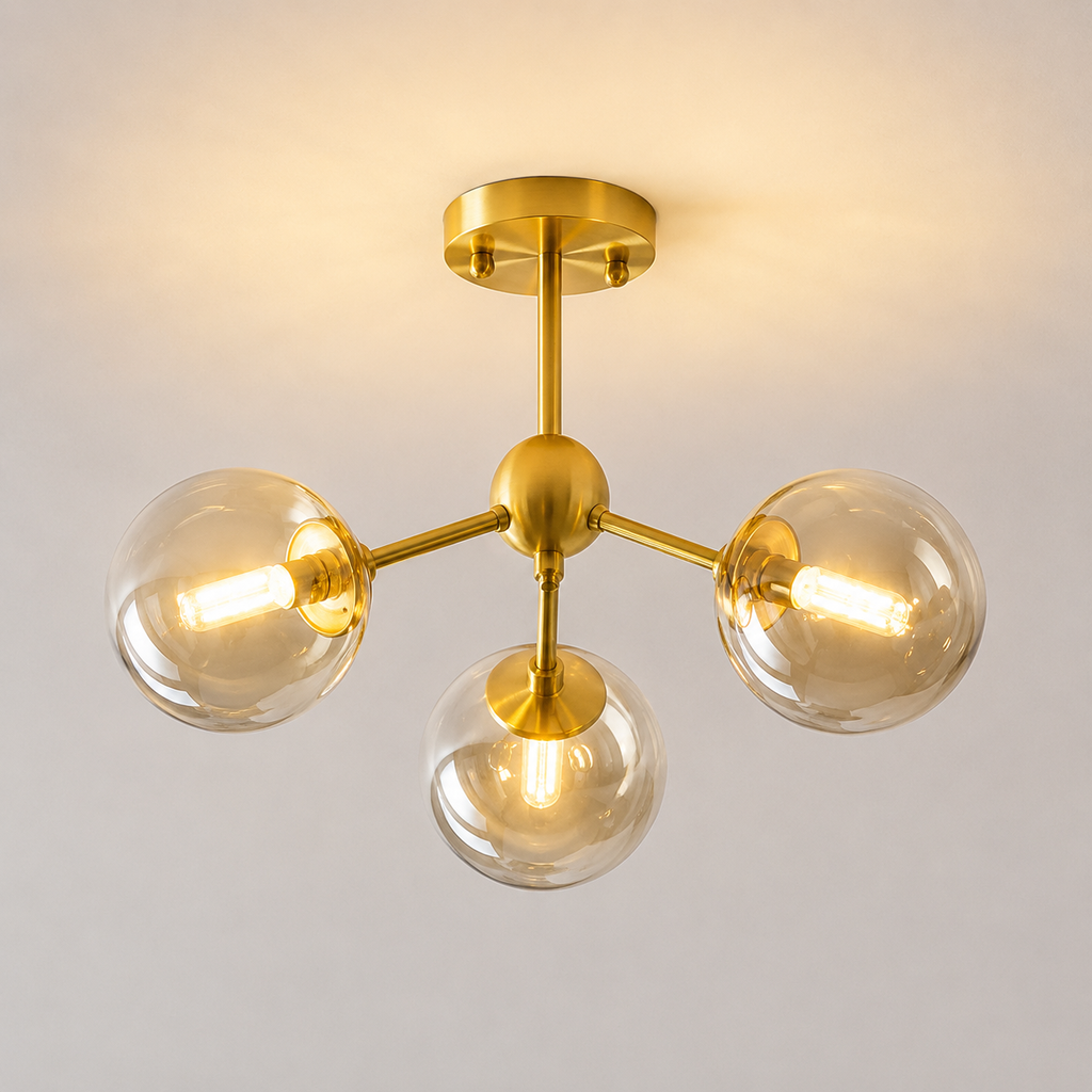 Modern Nordic copper pendant chandelier with 3 amber glass shades
