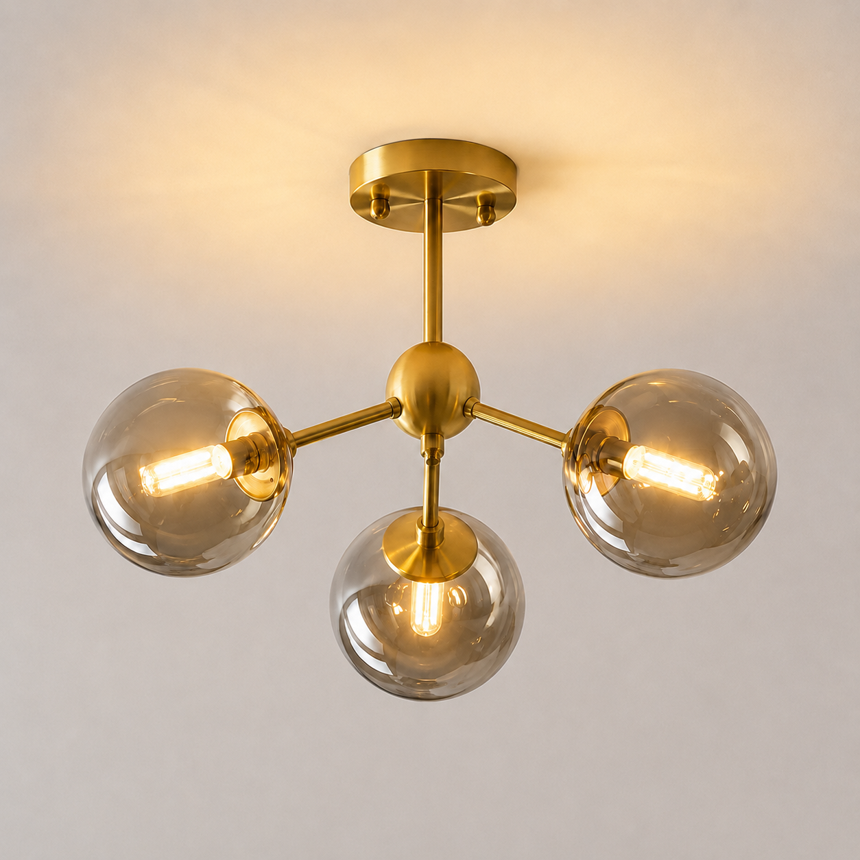 Modern Nordic copper pendant chandelier with 3 smoke gray glass shades