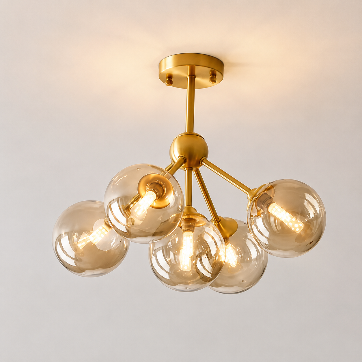 Modern Nordic copper pendant chandelier with 5 amber glass shades