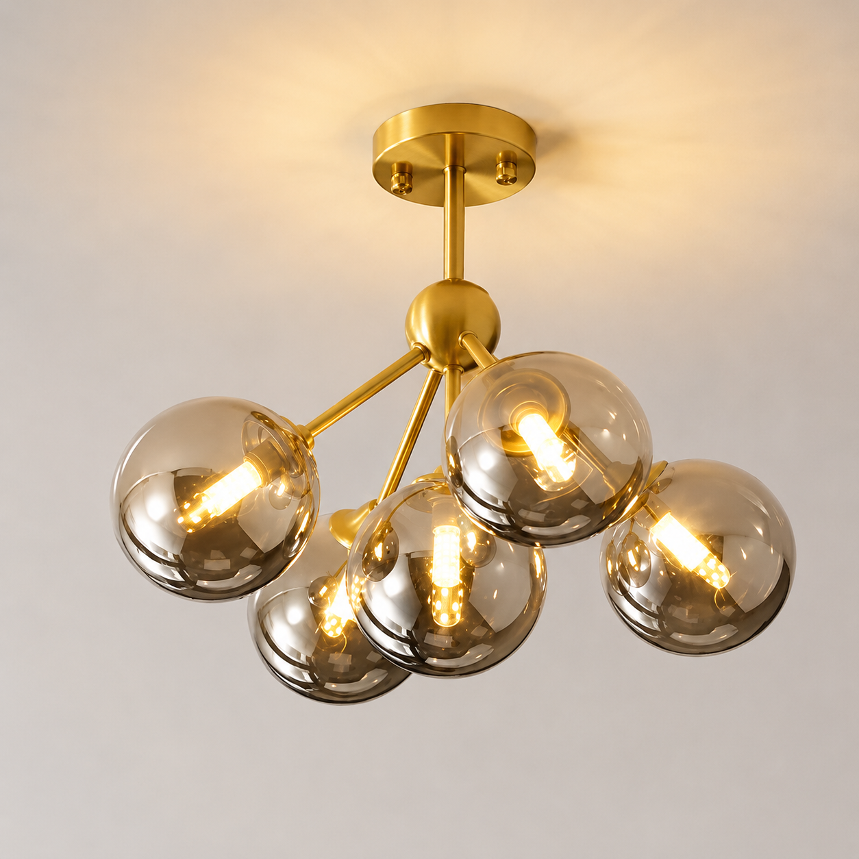 Modern Nordic copper pendant chandelier with 5 smoke gray glass shades