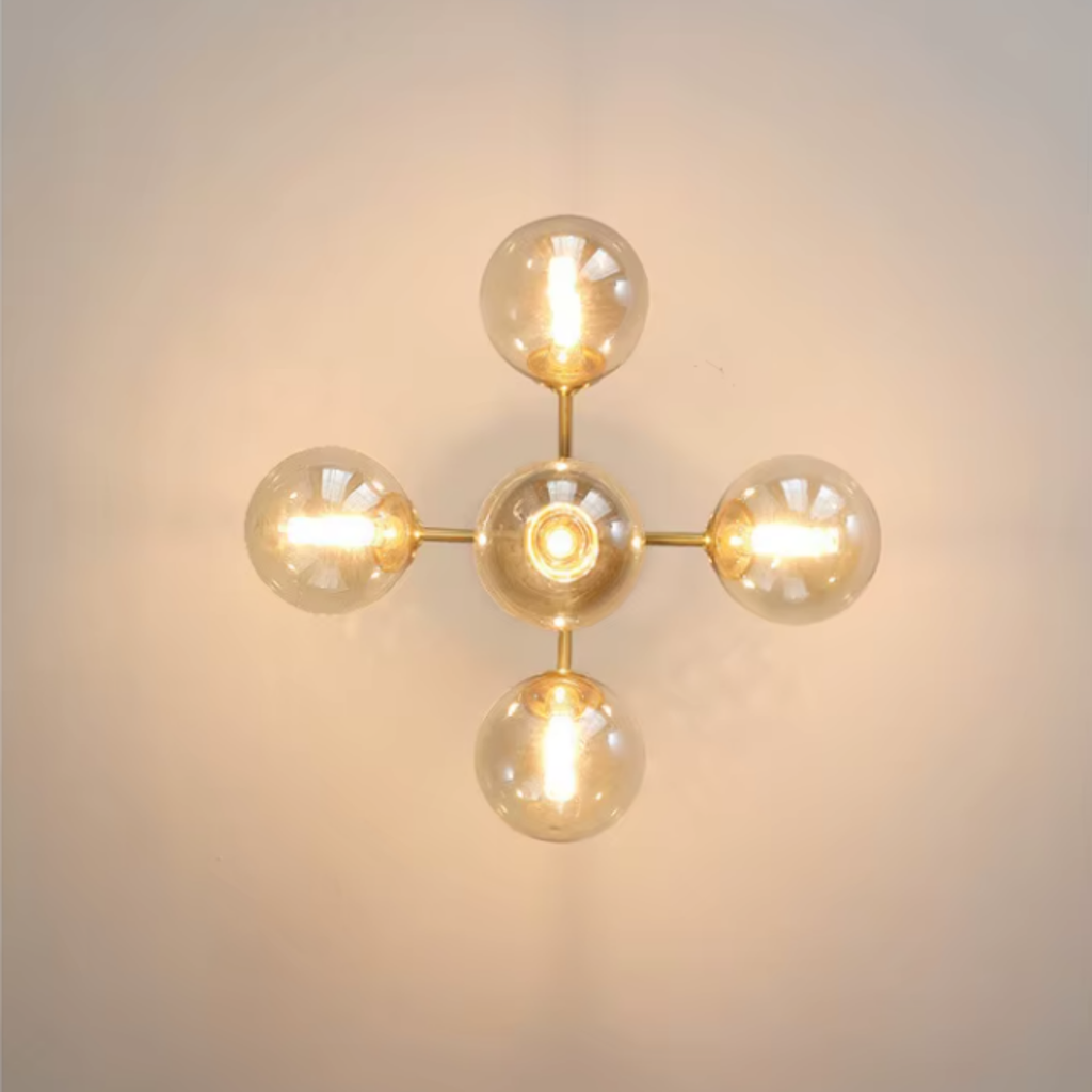 Bottom view of the Modern Nordic copper pendant chandelier with amber glass shades