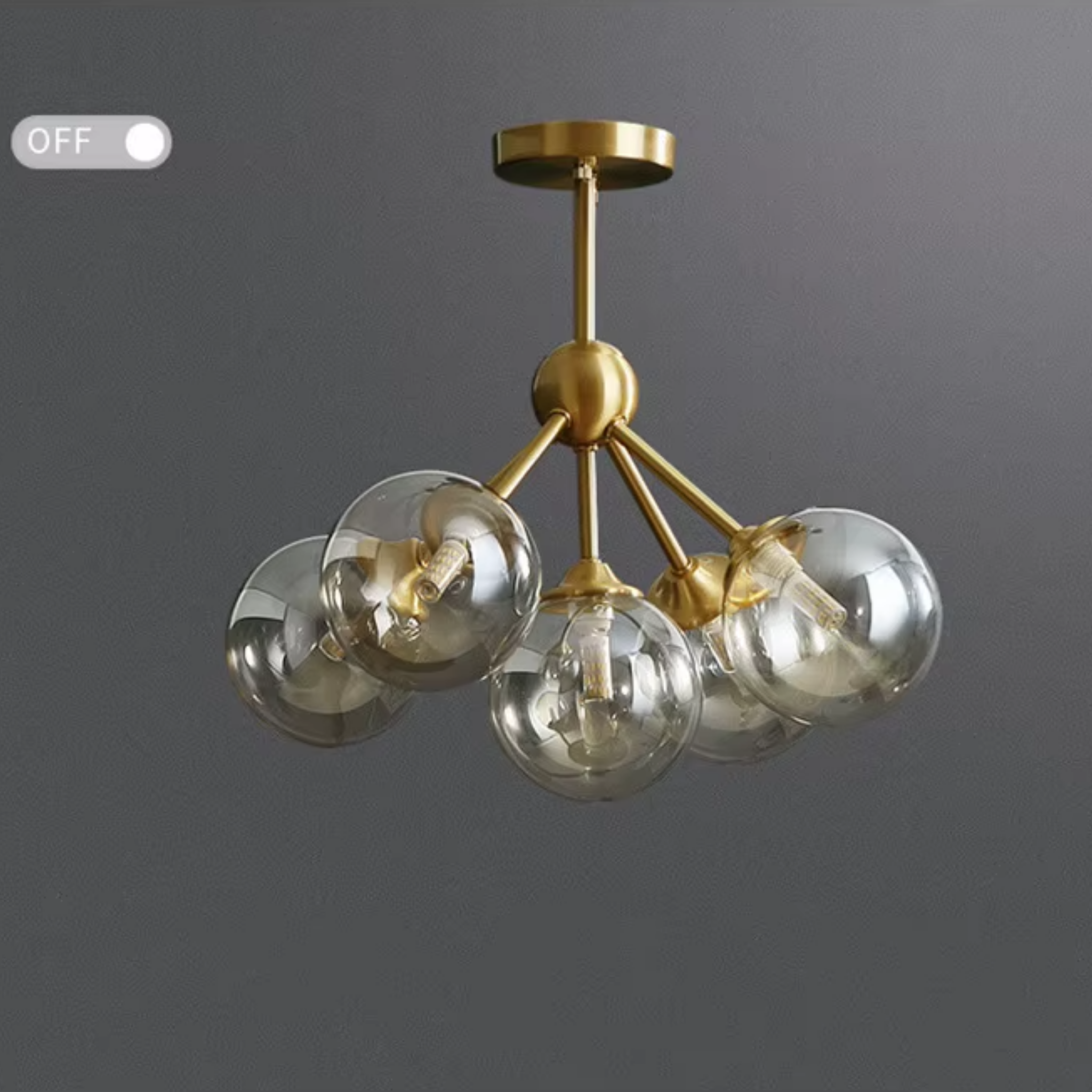 Modern Nordic copper pendant chandelier with smoke gray glass shades turned off