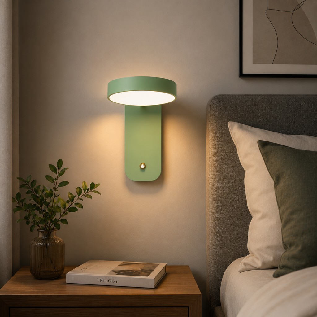 Modern Nordic wall light beside a bed
