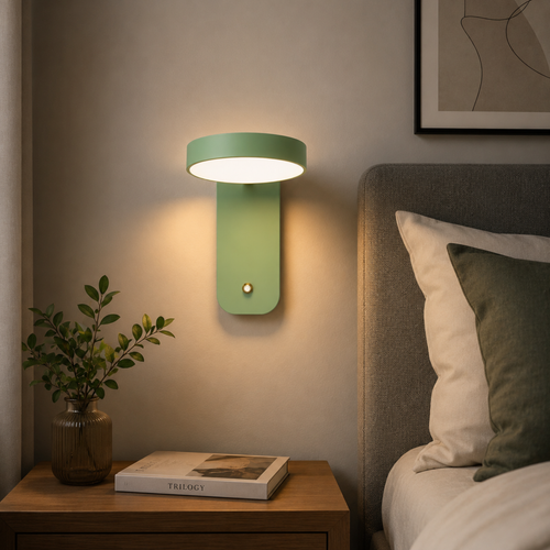 Modern Nordic wall light beside a bed