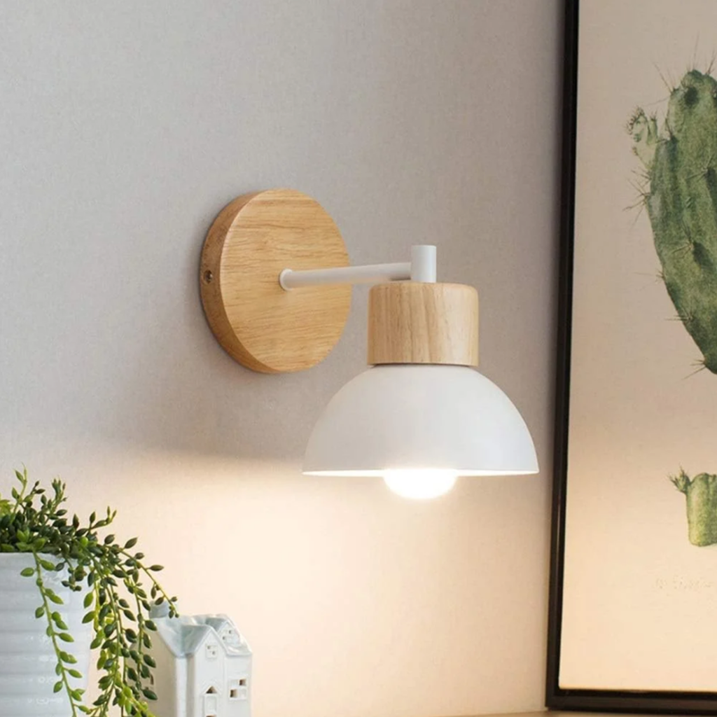 Side view of the modern Nordic wood and metal wall sconce