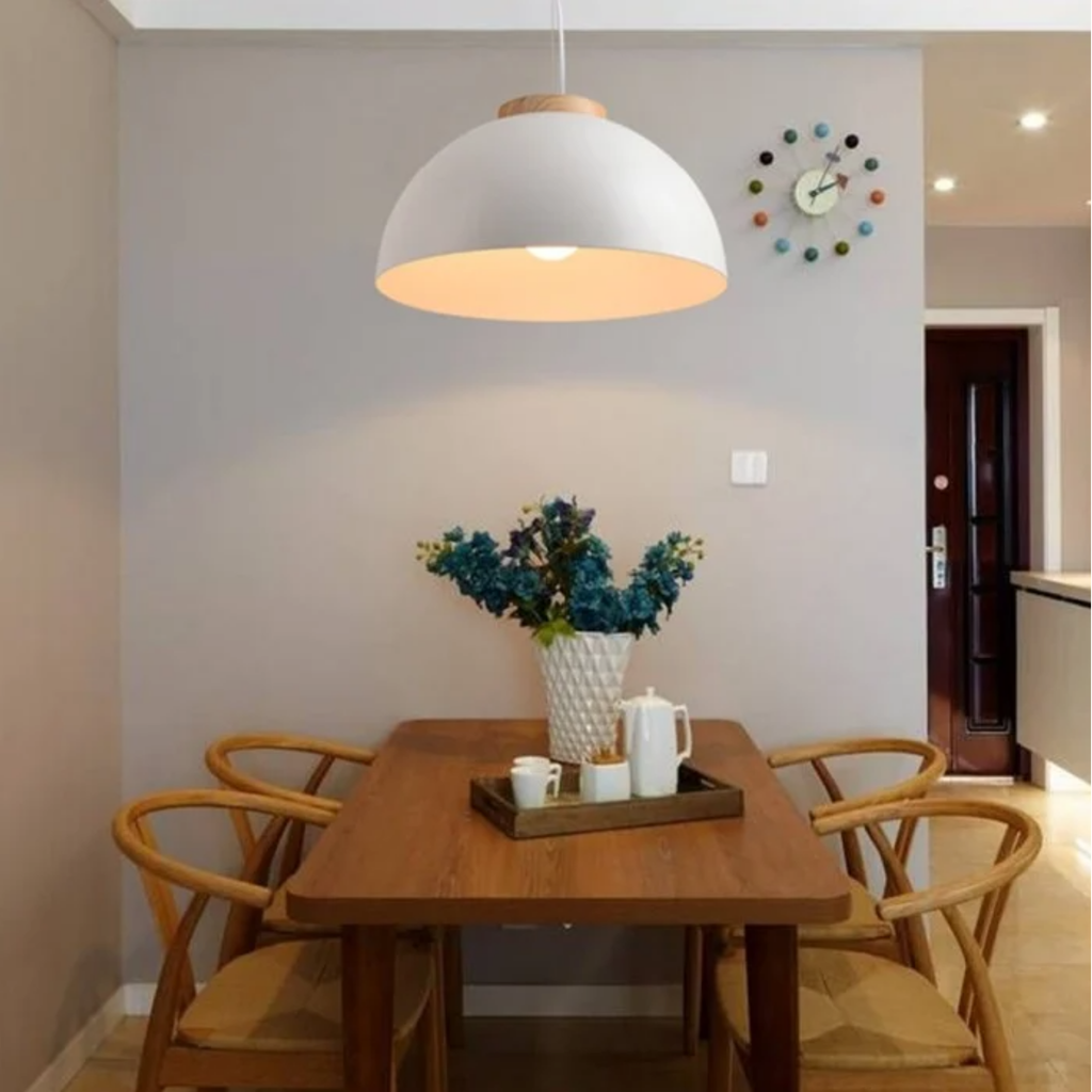 Modern Nordic wooden LED pendant light in a dining room