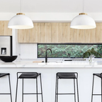 Modern Nordic wooden LED pendant light above a kitchen island