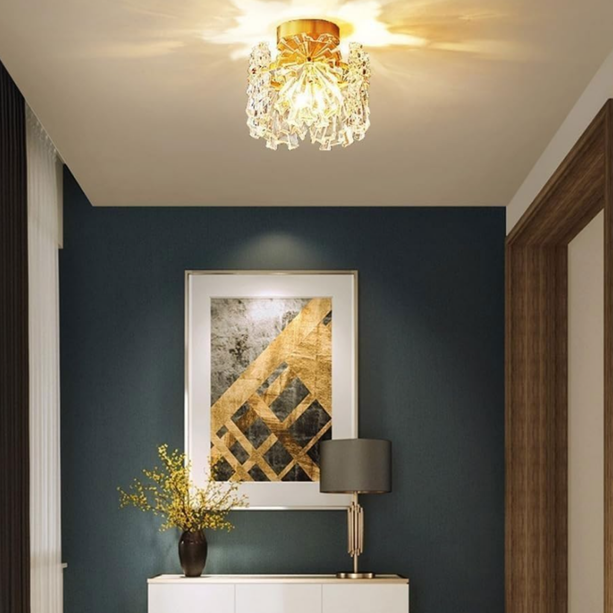 Modern opal glass flush mount ceiling light in a hallway