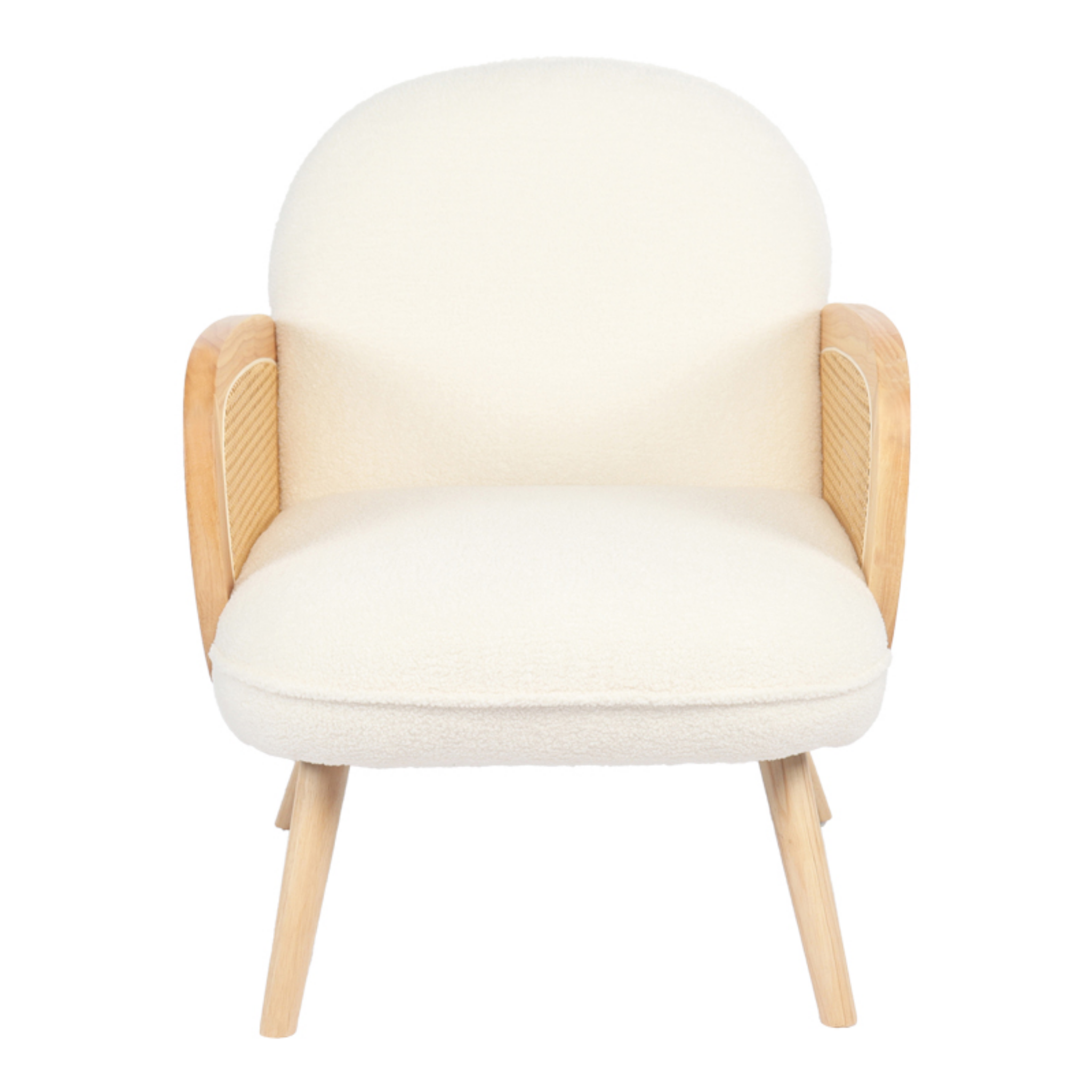 Front view of modern upholstered rattan accent chair