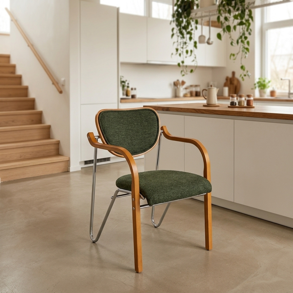 Green modern retro upholstered dining chair with armrests