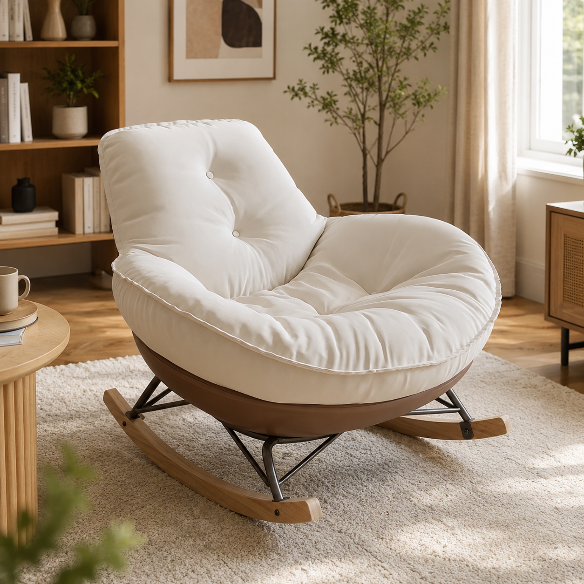 Modern rocking accent chair with curved eggshell-inspired design