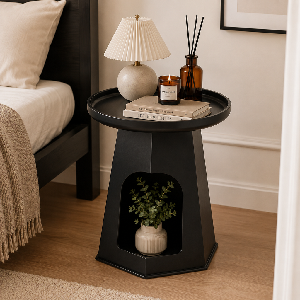 Modern round cream plastic side table with a minimalist design for use beside a sofa or bed in small living rooms and bedrooms.