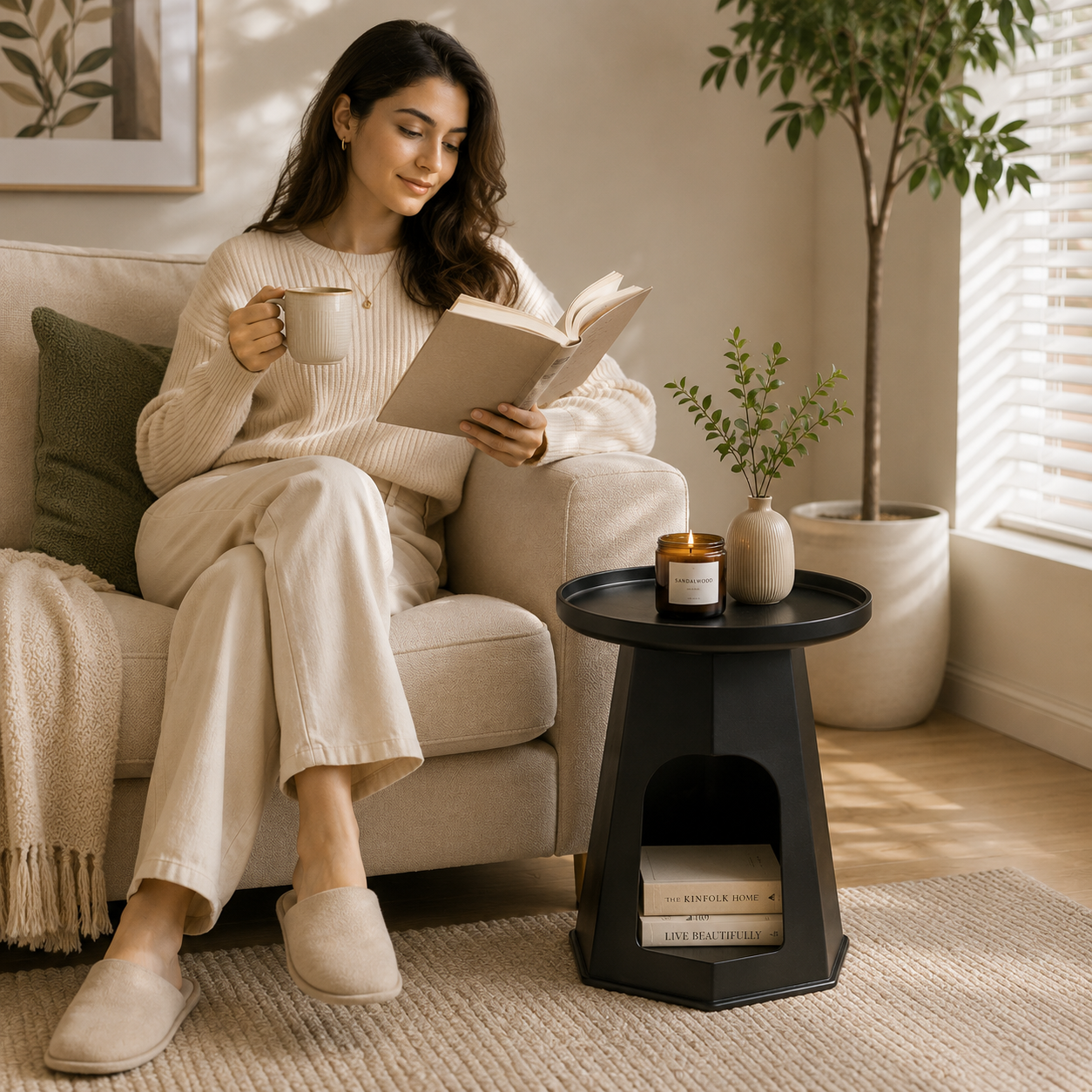 Modern round cream plastic side table with a minimalist design for use beside a sofa or bed in small living rooms and bedrooms.