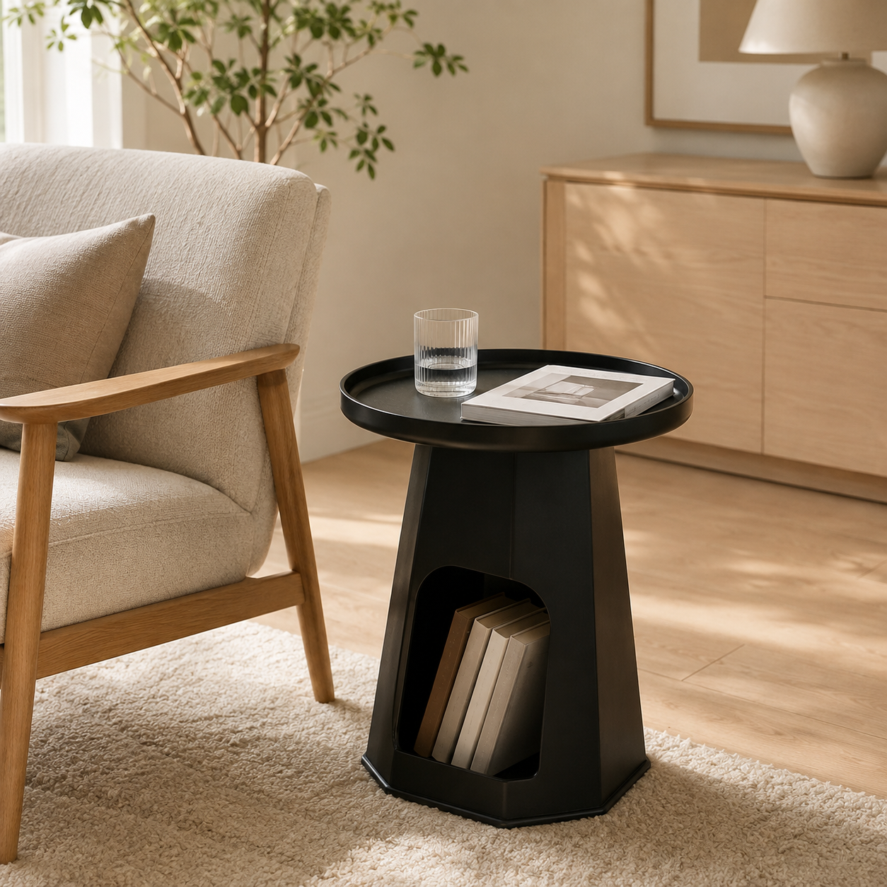 Modern round cream plastic side table with a minimalist design for use beside a sofa or bed in small living rooms and bedrooms.